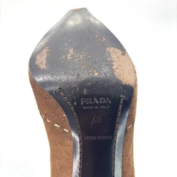 Vintage Prada Brown Suede Bow White Contrast Stitch Knee High Boots 40 - Picture 9 of 9